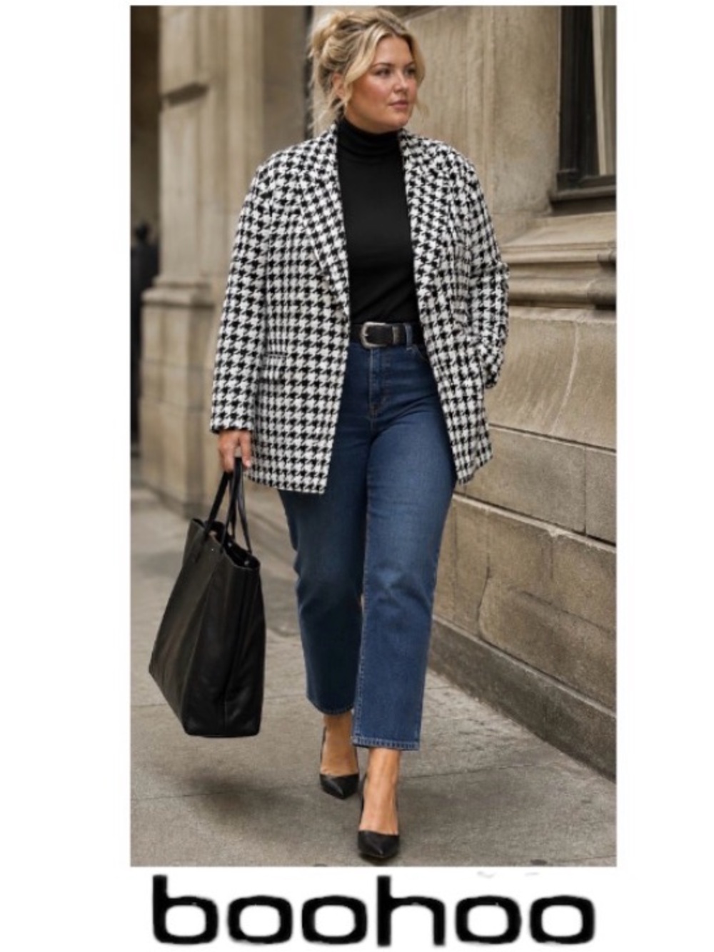 22W Boohoo Oversized Black and White Boucle Houndstooth Double Breasted Blazer